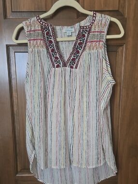 Sundance Cream Striped Sleeveless Boho Blouse with Burgundy Embroidery